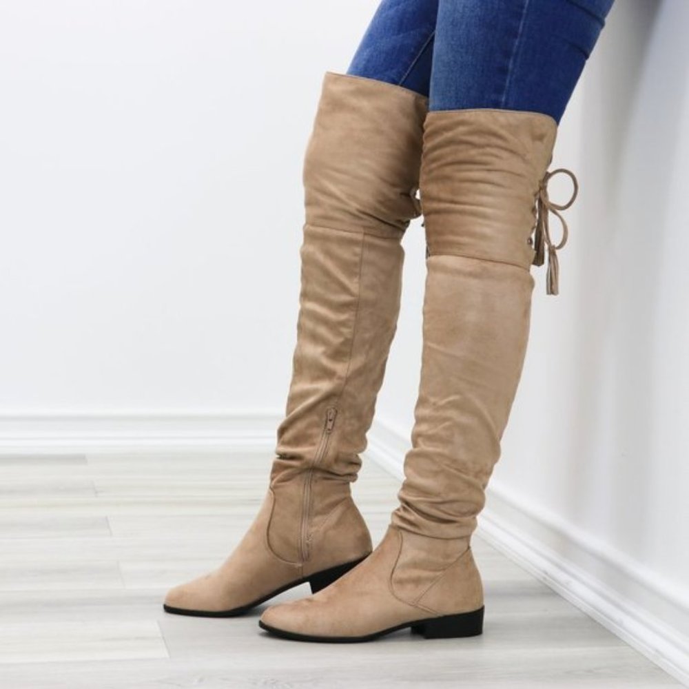 Tan Suede Thigh High Flat Boot With Lace Up Back - Picture 2 of 14